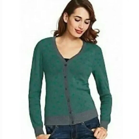 Cabi #903 Polka Dot Button Cardigan Sweater Teal Green Grey Twee Size XS - Picture 1 of 5